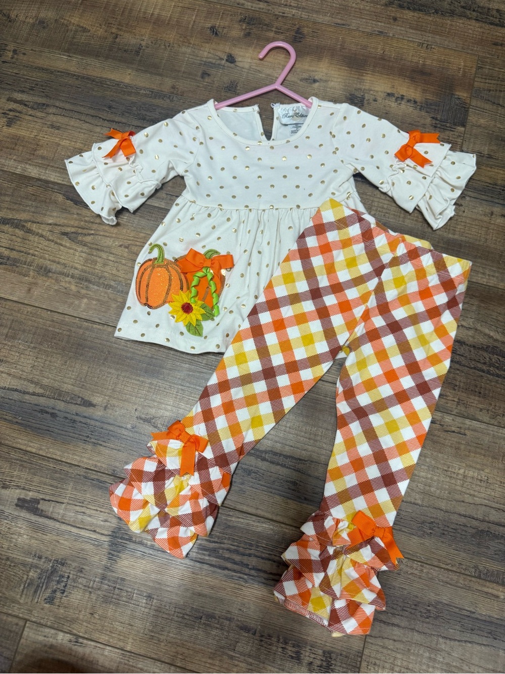 Girls Cream & Orange Pumpkin Plaid Fall Set